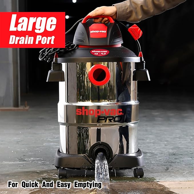 Shop-Vac 12 Gallon 6.0 Peak HP Wet/Dry Vacuum, Stainless Steel Tank, 3 in 1 Function Portable Shop Vacuum with Attachments, Drain Port, Ideal for Jobsite, Garage & Workshop. 5926211