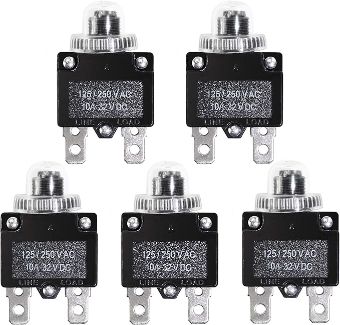 5PCS 10Amp Circuit Breakers with Manual Reset 32VDC,AC125-250V with Quick Connect Terminals