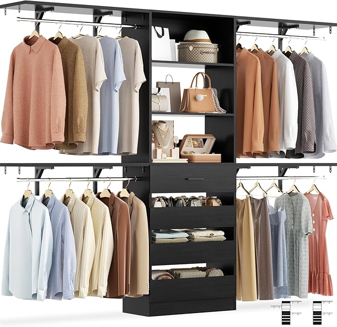 Aheaplus Closet System, 8FT Closet Organizer with 4 Wooden Drawers, Wood Closet Organizer System with Tower, Walk-in Closet Organizer Wardrobe Clothes Rack with 4 Hanging Rods, Garment Rack, Black
