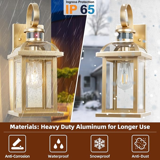 Gold Motion Sensor Outdoor Light Fixtures Dusk to Dawn 2-Pack, 16 Inch Aluminum Anti-Rust Large Brass Outdoor Sconces Wall Mounted Lamps Photocell Outside Lights for House Front Porch