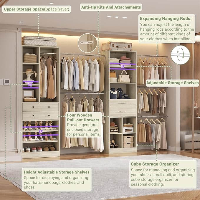 Closet System, Up to 128.6"/10.7 FT Closet Organizer with 4 Wooden Drawers and Shelves, Walk-in Closet System with 6 Hanging Rods, Built-in Closet Can Fit 96"/8FT, 120"/10FT, Greige Oak