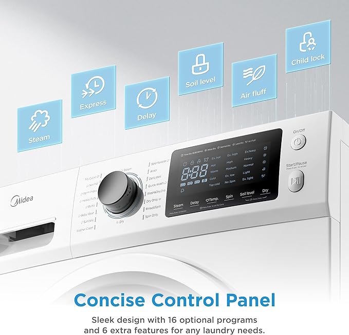 Midea 24 Inch Washer and Dryer Combo, All in One Washer and Dryer 2.7 cu.ft 26lbs, Ventless Washing Machine, Steam Care, Overnight Dry, 1400 RPM, 16 Cycles Front Load Washer, Full-Automatic, White