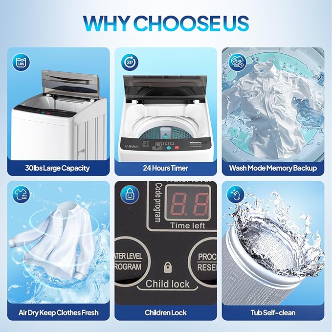 ROVSUN 30LBS Washing Machine, Full-Automatic Portable Washer with Stainless Steel Drum, Electric Laundry Machine, Washer and Spin Dryer Combo with Drain Pump for Home, Apartment, Light Grey