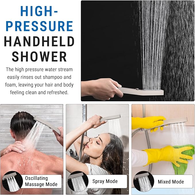 G-Promise All Metal 10 Inch Shower Head with Massage Mode Handheld, Rain Shower Head with Handheld Spray Combo, 3-Way Diverter with Pause Setting, 11 Inch Adjustable Extension Arm (Brushed Nickel)