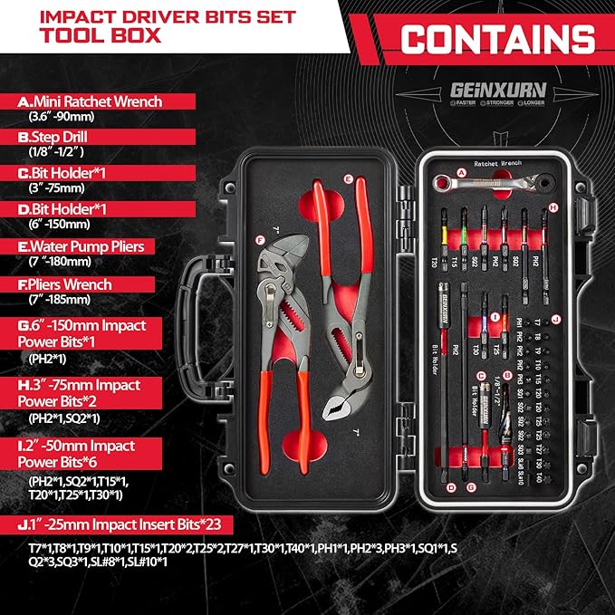 39Pcs Tools Set Packaged with Heavy-duty Tool Box, Include Screwdriver Bits,Bit Holder, Mini Ratchcting Wrech, Step Drill, Bit Holder, plier and Ratchets Screwdriver for Home Repairs DIY
