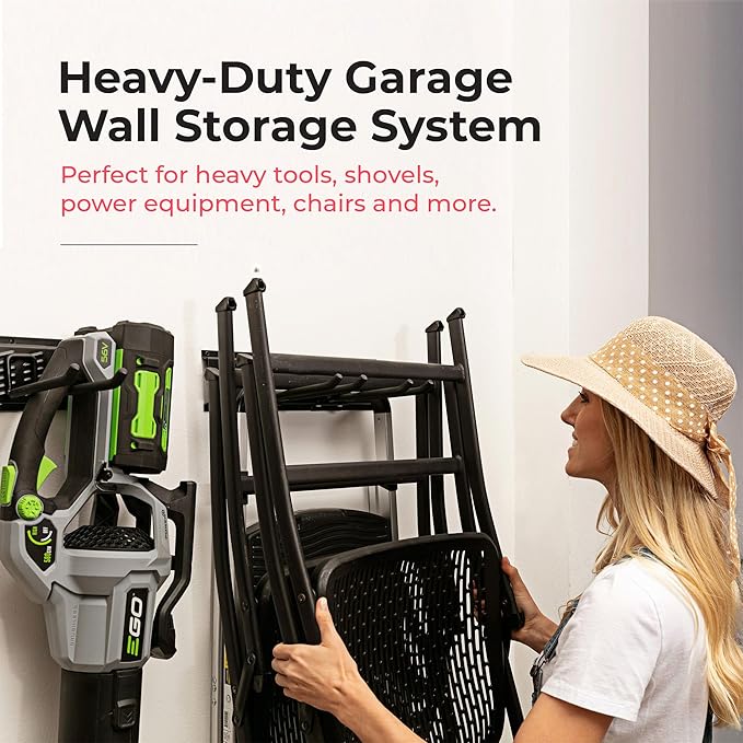 Heavy-Duty Garage Wall Storage System | Wall Mounted Tool Organizer Rack with Shelving | 10-Piece Mounting Kit | Includes 4x10” Double-Layered Hooks & 2x16.5” Floating Utility Shelves