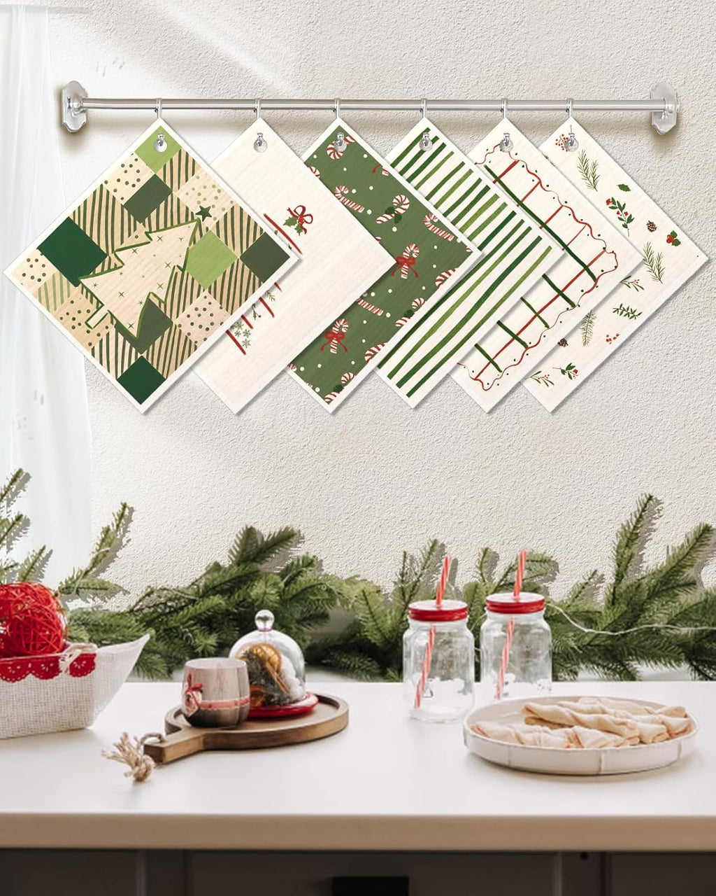 6 Pack Christmas Swedish Dishcloths for Kitchen - Reusable Dish Cloths for Washing Dishes Absorbent Cute Holiday Kitchen Towels Cleaning Sponge, Green Xmas Theme