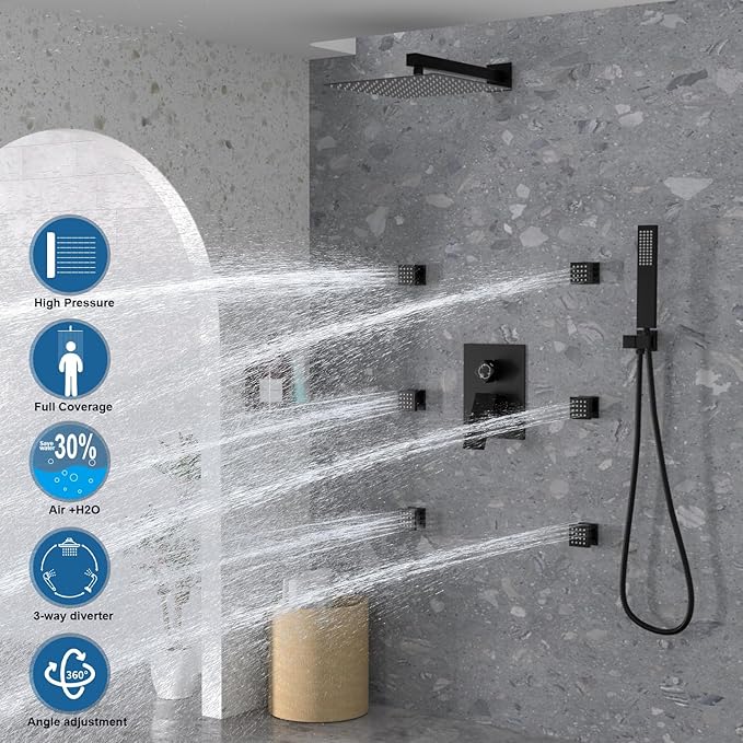 Enga Shower System with Body Jets, 12 Inch Wall Mount Rainfall Shower System and Handheld Body Spray Shower Faucets sets Combo with Rough-in Valve, Matte Black