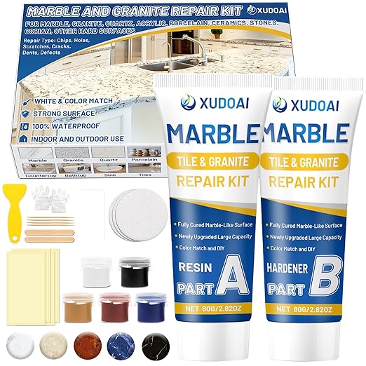 Marble and Granite Repair Kit (Color Match), 160g/5.64oz Quartz Countertop Repair Kit for Chips Holes Dents Defects Scratches Cracks, DIY Fix Reattaches Porcelain Tile Sink Stone Other Hard Surfaces