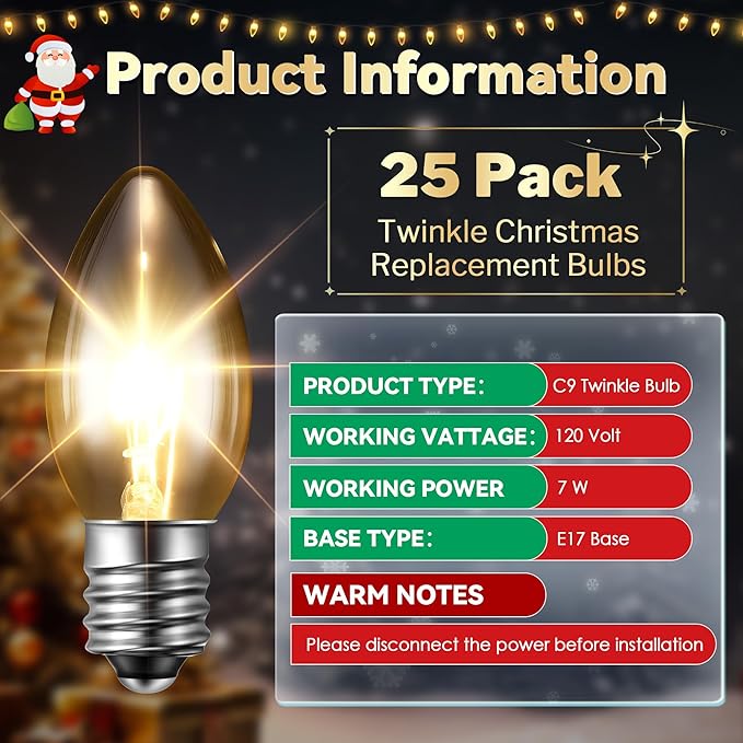 25 Pack Twinkle Christmas Replacement Bulbs, 7W Random Blinking Light Bulbs for Christmas String Light, Nightlights(Clear Twinkle,C9,E17 Intermediate Base)