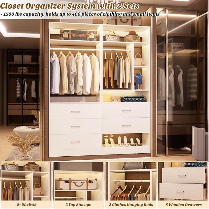 4FT Closet Systems with 5 Wood Drawers, 48 Inch Closet Organizer System with 2 Hanging Rods & 7 Shelves, Heavy Duty 48" Walk-in Closet , White (48"L x 15" W x 80" H)