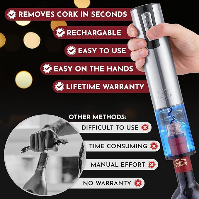 Zulay Kitchen Electric Wine Opener With Charging Base - 3-In-1 Automatic Wine Bottle Opener & Foil Cutter - Rechargeable Wine Opener Electric For Smooth & Fast Uncorking