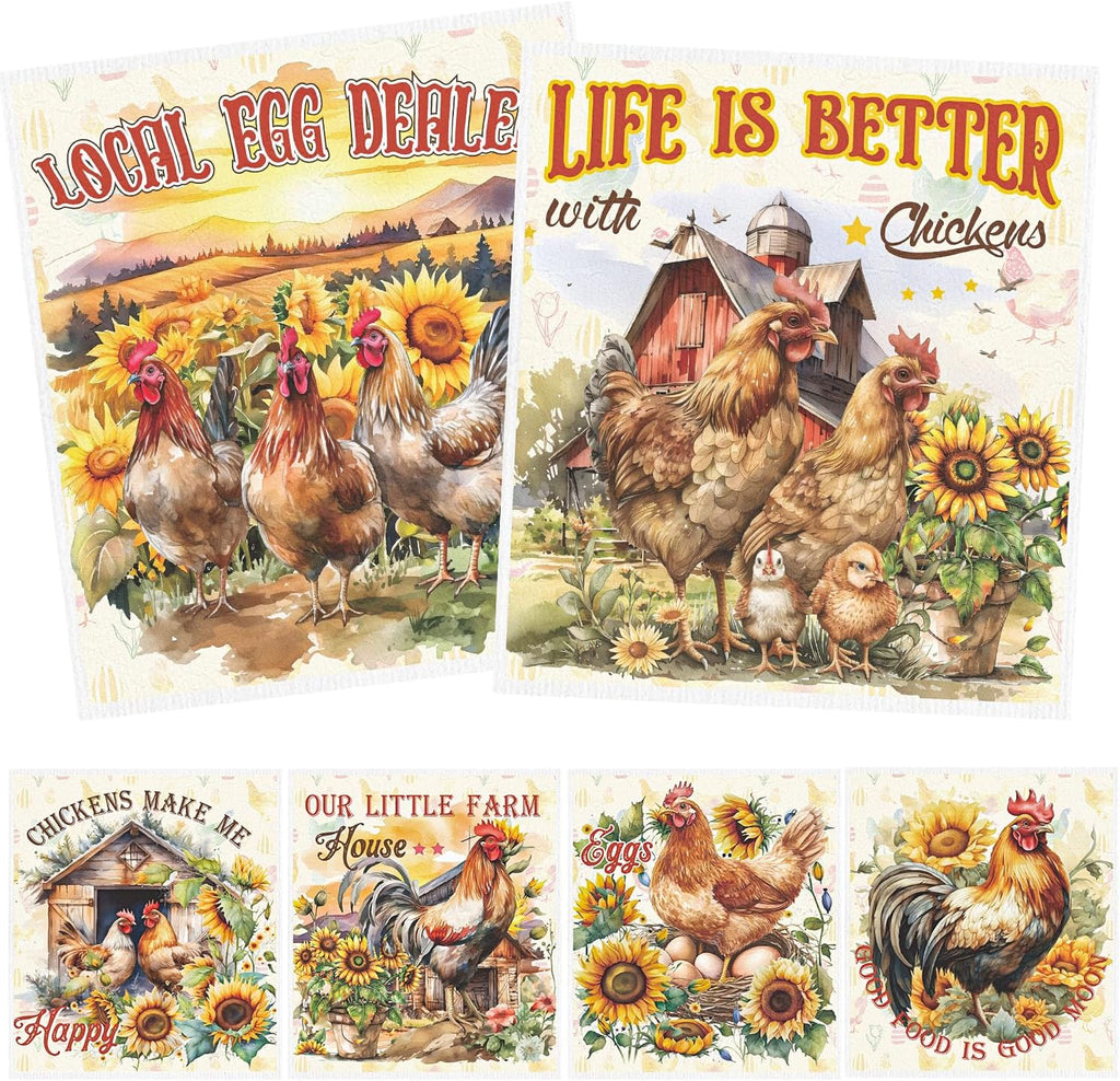 Swedish Dishcloths for Kitchen, 6 Pack Farm Reusable Paper Towels Housewarming Gifts for Women, Chicken Rooster Absorbent Dish Rags for Washing Dishes