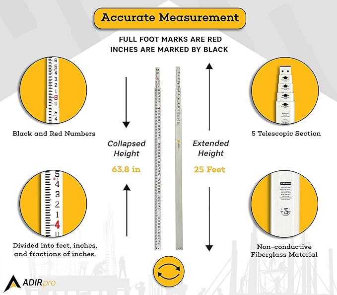 AdirPro 25-Foot Fiberglass Grade Rod – 8ths, 6-Section Telescoping Rectangular Leveling Rod – Non Glare and Corrosion Resistant – Heavy Duty Carrying Case Included