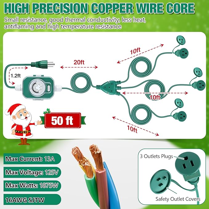Feekoon 50FT Outdoor Extension Cord with Timer, 1 to 3 Way Extension Cord Splitter, 16AWG SJTW Heavy Duty 3 Plug Green with Multiple Outlets and Weatherproof Covers for Halloween Christmas