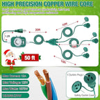 Feekoon 50FT Outdoor Extension Cord with Timer, 1 to 3 Way Extension Cord Splitter, 16AWG SJTW Heavy Duty 3 Plug Green with Multiple Outlets and Weatherproof Covers for Halloween Christmas