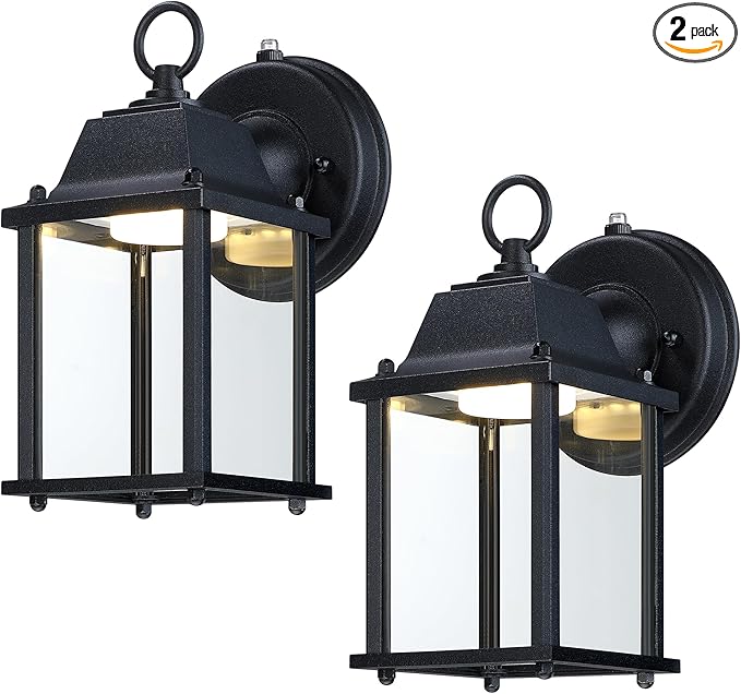 LIT-PaTH Dusk to Dawn Outdoor Wall Lantern, LED Wall Sconce, 3000K Warm White, 9.5W, 800 Lumen, Aluminum Housing Plus Glass, Outdoor Rated, 2-Pack, Black