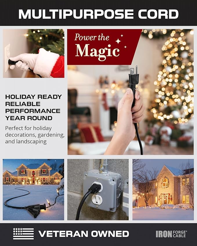 Iron Forge Cable 2 Pack 25 Ft Black Extension Cord with 3 Outlets - 16/3 SJTW 25 Foot Extension Cord 3 Prong, Weatherproof Power Cable for Outdoor