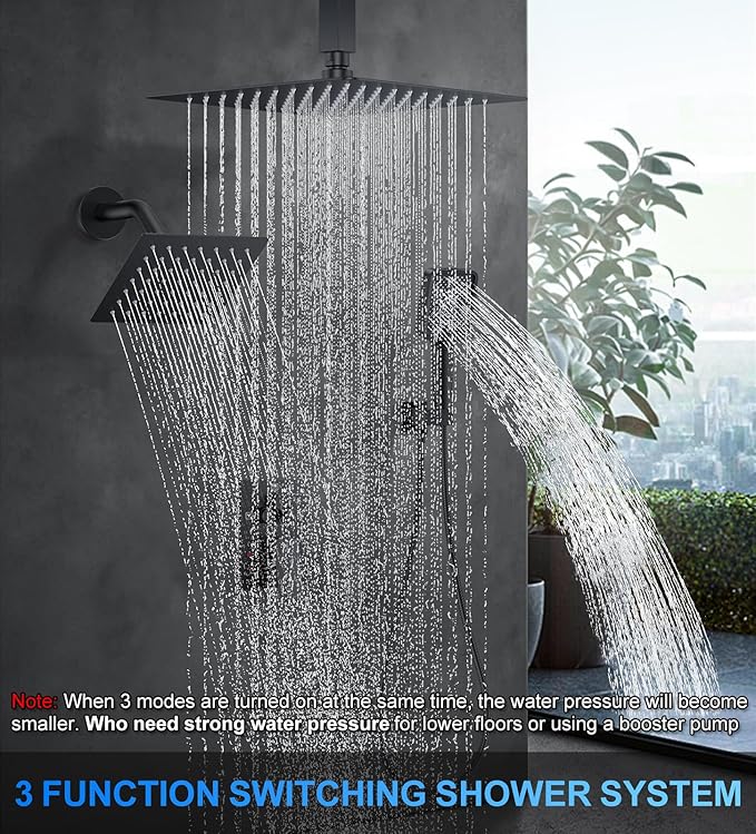 Shower Faucet Set, 10" Ceiling Mount Rainfall Shower System with 10'' Top Head+6'' Side Head and Multi-function Handheld Head Push Button Diverter Shower Faucet Trim Kit Matte Black