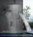 Shower Faucet Set, 12" Ceiling Mount Rainfall Shower System with 2 Rain Shower Head and Multi-function Handheld Head Push Button Diverter Shower Faucet Trim Kit (12", Matte Black)