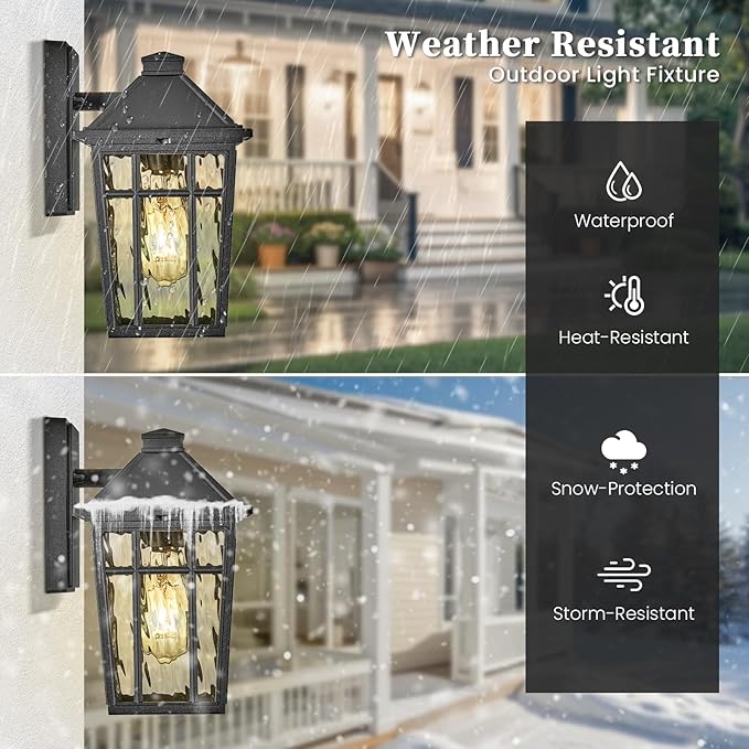 Outdoor Wall Lamps 11 Inch Outside Light Fixtures for House Black Aluminum Exterior Wall Sconce with Water Ripple Glass for Patio Porch and Garage E26 Socke Max 60W