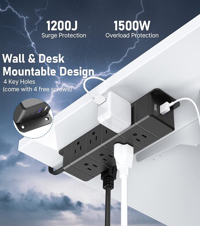 30W USB C Power Strip Surge Protector,Ultra Thin Flat Plug Power Strip 4 Side 12 Outlets,1 PD Fast Charing,2 USB-C, 2 USB-A(4 USB Total 40W),6ft Slim Extension Cord,16 in 1 Desk Power Bar,1200J Black