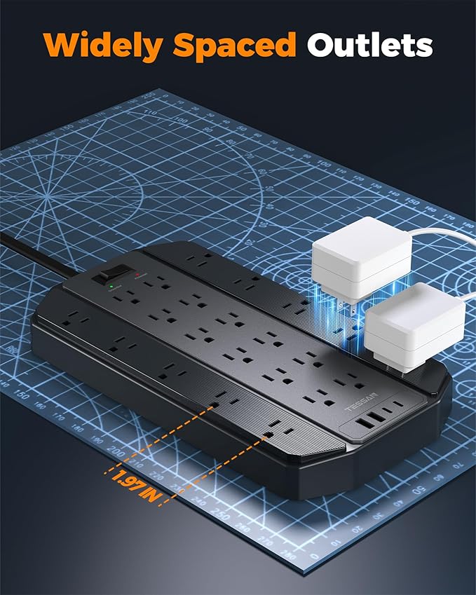 4000J Surge Protector Power Strip, TESSAN 22 Outlets Heavy Duty Extension Cord with 4 USB Ports (2 USB C), 1875W, 15A, Flat Plug, Charging Station for Home, Office, Gaming Room, PC, Dorm, Black