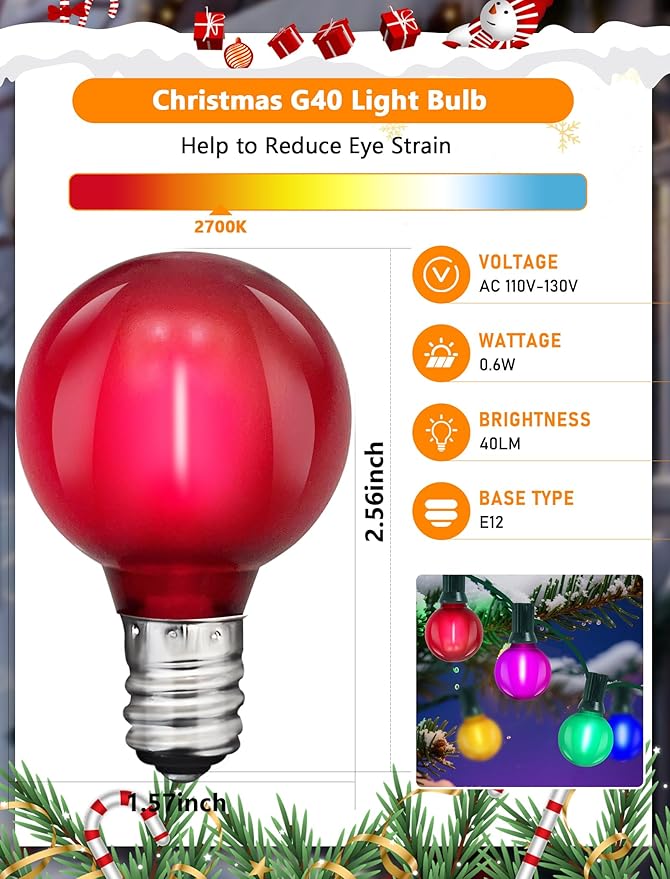 25 Pack Multicolor G40 LED Replacement Bulbs, E12/C7 Candelabra Base Shatterproof LED Globe Edison Bulbs for Christmas String Lights, 2700K Warm White, Frosted