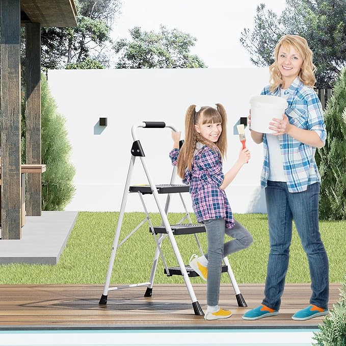 KINGRACK 3 Step Folding Ladder, 800lbs Capacity Step Stool with Safety Lock, Non-Skid Wide Pedals, and Handrail, Lightweight, Household Ladder for Home, Kitchen, Pantry, Closets, and Office Use, White