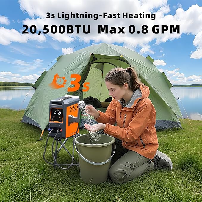 Hillhub Portable Propane Water Heater for Camping, Instant Hot Water Heater On Demand with 4000mAh Battery for Outdoor Showering and Cleaning, Included Water Pump & Showerhead