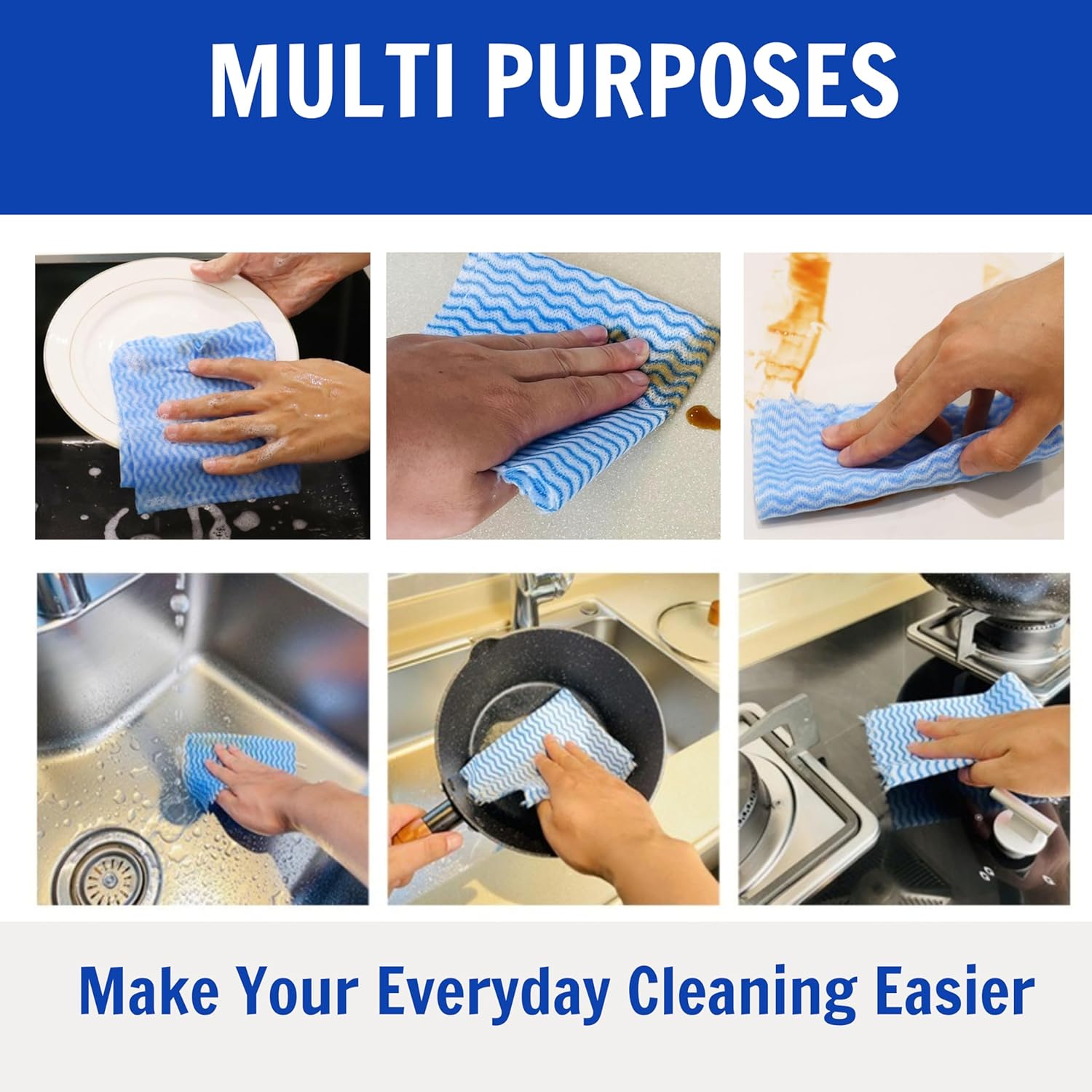 Reusable Cleaning Cloths Kitchen Paper Towels Washable Rolls Dish Cloths Dish Towels Handi Wipes,Quick Dry,Blue, 50 Ct/Roll,Total 4 Rolls