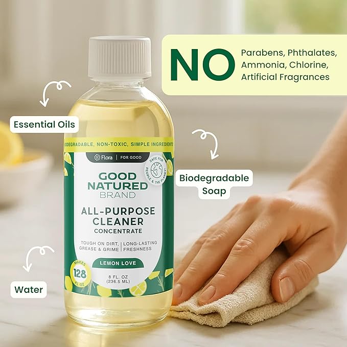 Good Natured Brand All-Purpose Cleaner Concentrate | Multi-Surface Cleaner | Natural Lemon Essential Oil | Multipurpose Cleaner Concentrate All Surfaces | Lemon Love | 8oz makes 128oz