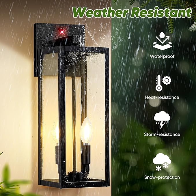 2-Pack Upgraded Motion Sensor Outdoor Wall Lights, 18” Large Dusk to Dawn Porch Lights Outdoor Wall Sconce Lantern, 3 Lighting Modes Exterior Lighting Fixtures, Black Outside Lights for House Garage