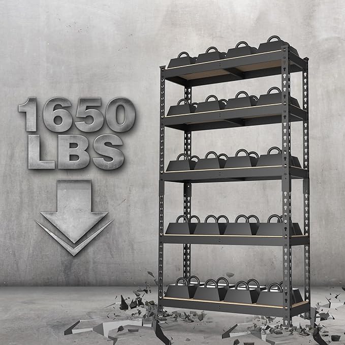 WORKPRO 5-Tier Steel Shelving Unit-Black, 27-2/5”W x 11-7/10”D x 60”H, Adjustable Storage Rack, Heavy Duty Shelf with MDF Board, 1650 lbs Load Capacity (Total) for Garage, Basement, Kitchen