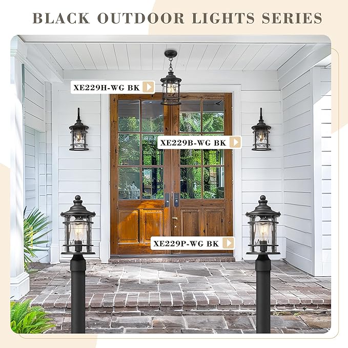 Emliviar Outdoor Post Lighting, 15 Inch Modern Vintage Exterior Pole Lantern for House Garden, Lamp Post Light with Water Ripple Glass, Black Finish, XE229P-WG BK