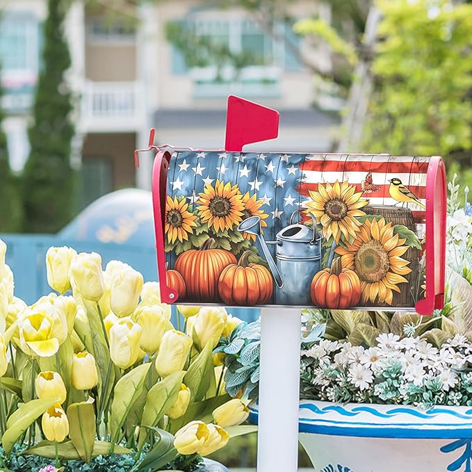 Kawani Fall Mailbox Cover - Autumn Pumpkin Sunflower America Flag Patriotic - Magnetic Standard Size 21x18 Inch Rustic Waterproof Post Box Wrap for Garden Yard Home Decor
