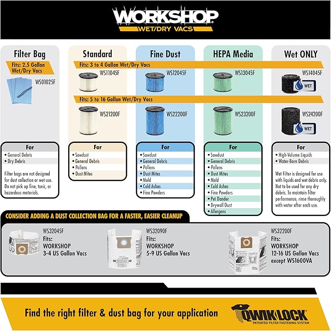 WORKSHOP Wet/Dry Vacs Shop Vacuum WS1400CA 14-Gallon 6.0 Peak HP High Power Wet Dry Vacuum Cleaner with Filter, Dust Bag, Hose, Attachments and Cart for Garage, Basement and Workshop Cleaning