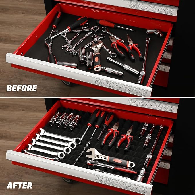 AIRTOON 4PCS Trap Mat Universal Tool Drawer Liners, Heavy Duty Toolbox Drawer Liners, Rolling Tool Chest Liner Foam, Non-Slip Organizer Liner for Toolbox, Cart, Work Bench, 23.62 x 15.75 Inches