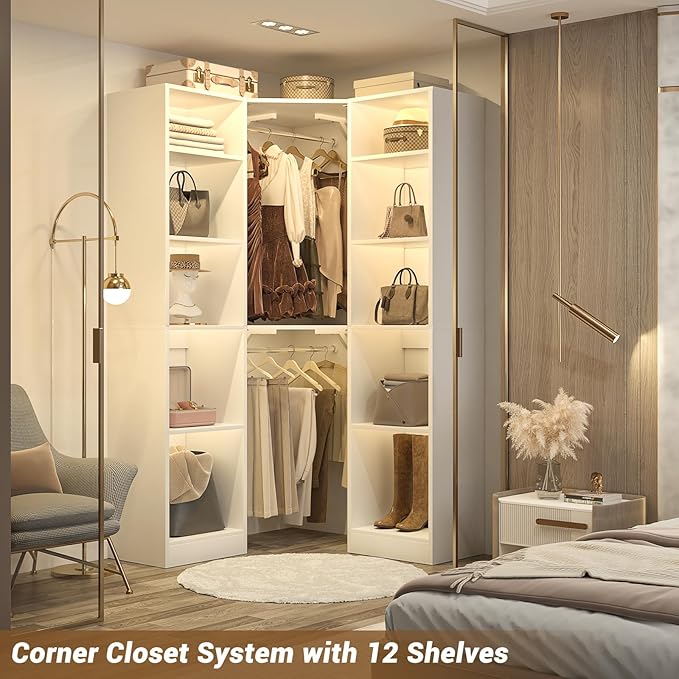 Corner Closet System with 12 Shelves, 39.2" Corner Closet Organizer System with 2 Hanging Rods, Versatile 6-Tier Walk-in Closets for Corner Space, White (39.2" L x 39.2" W x 80" H)
