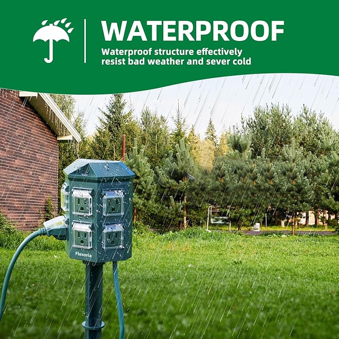 Flexora Outdoor Power Strip with 24-Hour Mechanical Timer, 50 FT Extension Cord Waterproof, 6 Grounded Outlets for Outdoor Christmas Decorations, ETL Listed