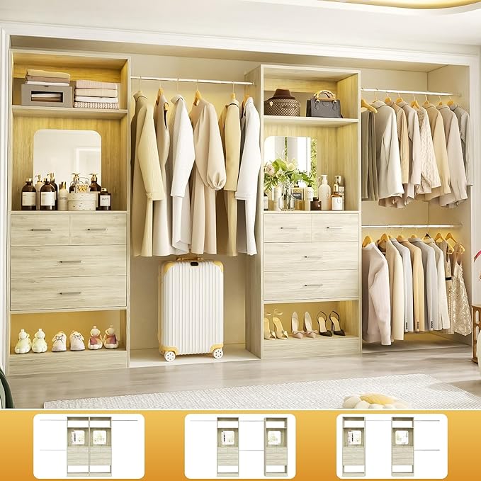 Unikito Closet System, 6-14FT Walk in Closet Organizer with 8 Drawers and Mirror, 168" Wood Closets Insert with Tower, Sturdy Wardrobe Closets Garment Rack with Extendable Hanging Rods, White Oak