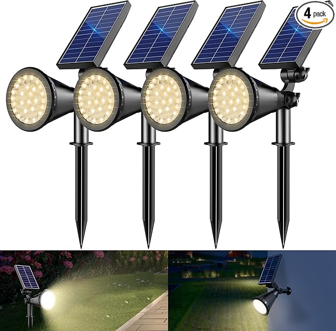 Solar Spotlight Outdoor Waterproof, 36 LED Outdoor Solar Lights with 2200mAh, 2-in-1 Wall or Ground Solar Flood Lights for Yard, Garden, Pathway, Auto On/Off Landscape Lighting- 4 Pack (Warm White)