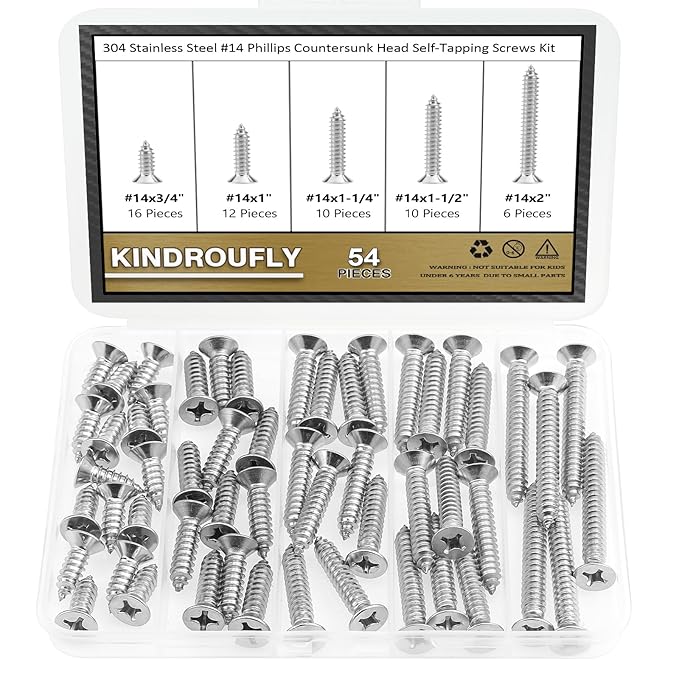54 Pieces #14 x 3/4" 1" 1-1/4" 1-1/2" 2" Phillips Countersunk Head Self-Tapping Screws, Wood Screws Assortment Kit, 304 Stainless Steel