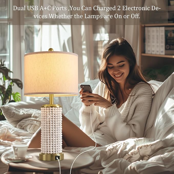 Wood Beaded Table Lamp Set of 2 for Living Room Bedroom Touch Control 3-Way Dimmable 24.5" Farmhouse Table Lamps Rustic Nightstand Bedside Lamps(2 Bulbs Included)