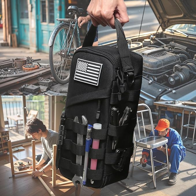 12-Inch Heavy Duty Small Tool Bag with D-Ring Clip,Flag Patch&Shoulder Strap - Small Tactical Molle Zipper Tool Bag,EDC Storage Tool Bags for Men,Multipurpose Utility Work Organizer Bag