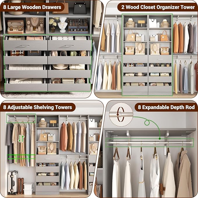 Aheaplus Closet System with Drawers Set of 2, Wood Closet Organizer System with 8 Hanging Rods & Top Shelves, Walk-in Closets Organizer Wardrobe Clothes Rack System, Cut Fits Spaces 4-9FT. Wide, Grey