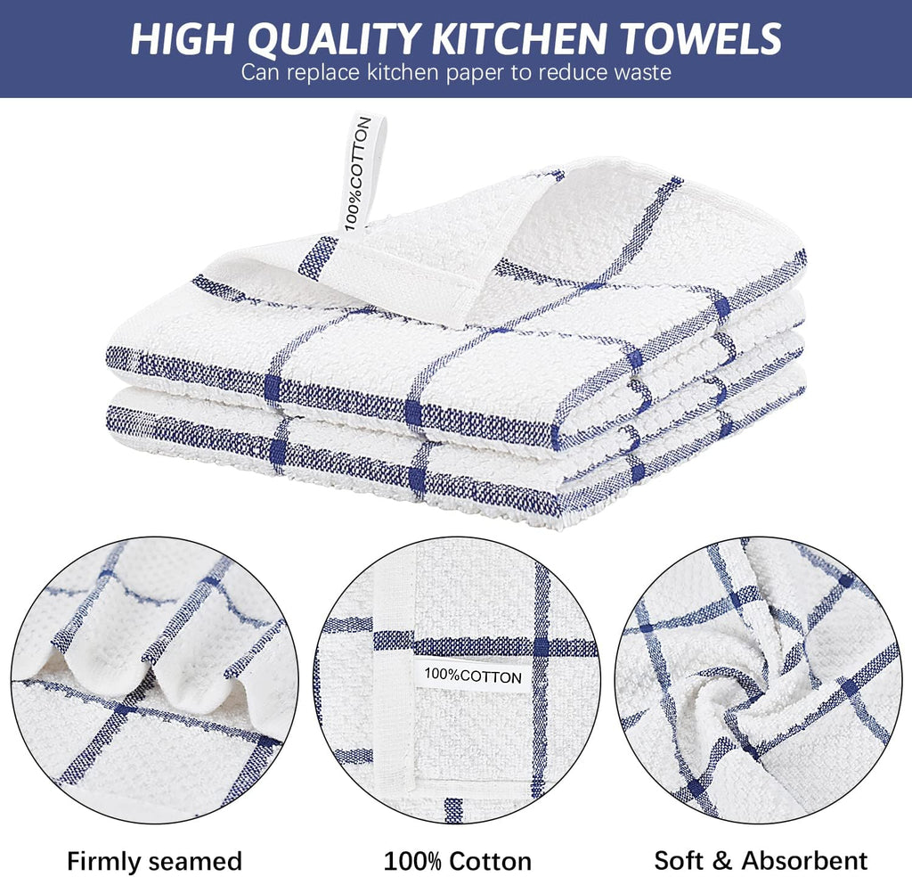 Nialnant Cotton Terry Kitchen Towels,12 x 12 Inches Dish Cloths Set of 8,Super Soft and Absorbent Dish Rags for Cleaning - Navy Blue Plaid