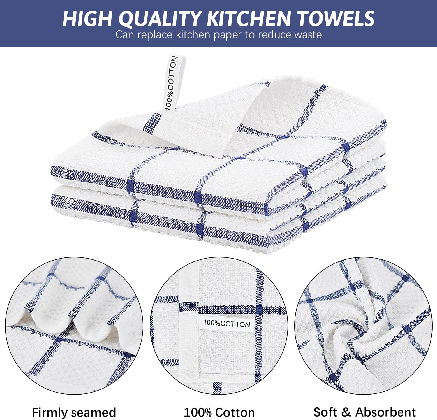 Nialnant Cotton Terry Kitchen Towels,12 x 12 Inches Dish Cloths Set of 8,Super Soft and Absorbent Dish Rags for Cleaning - Navy Blue Plaid