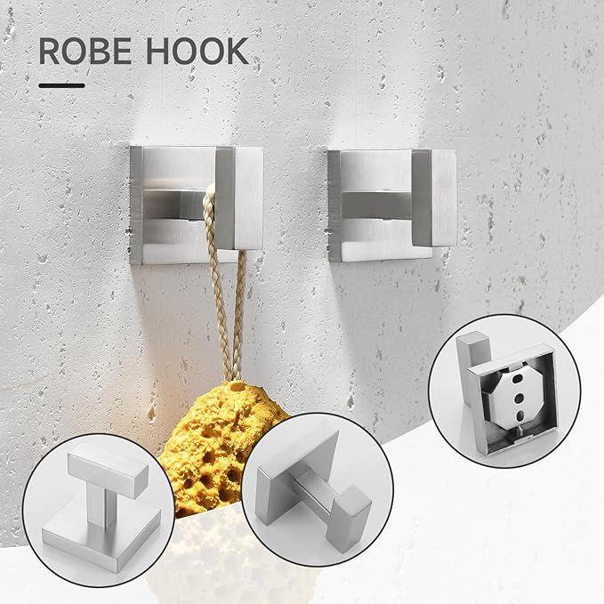 TQKAG Brushed Nickel Bathroom Hardware Accessories Set 10 Pieces, 23.6" SUS304 Stainless Steel Towel Bar Set Wall Mounted Includes Single Towel Bar, Towel Ring, Toilet Paper Holder, Double Towel Hooks