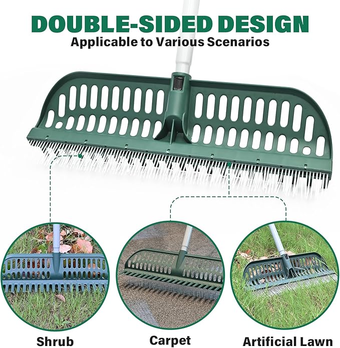 Artificial Turf Rake, 2 in 1 Turf Rake with Adjustable Steel Handle, 30" to 53" Long, 17.9 inch Wide for Artificial Grass and Lawn Leaf Removal, Carpet Rakes, Pet Hair Removal
